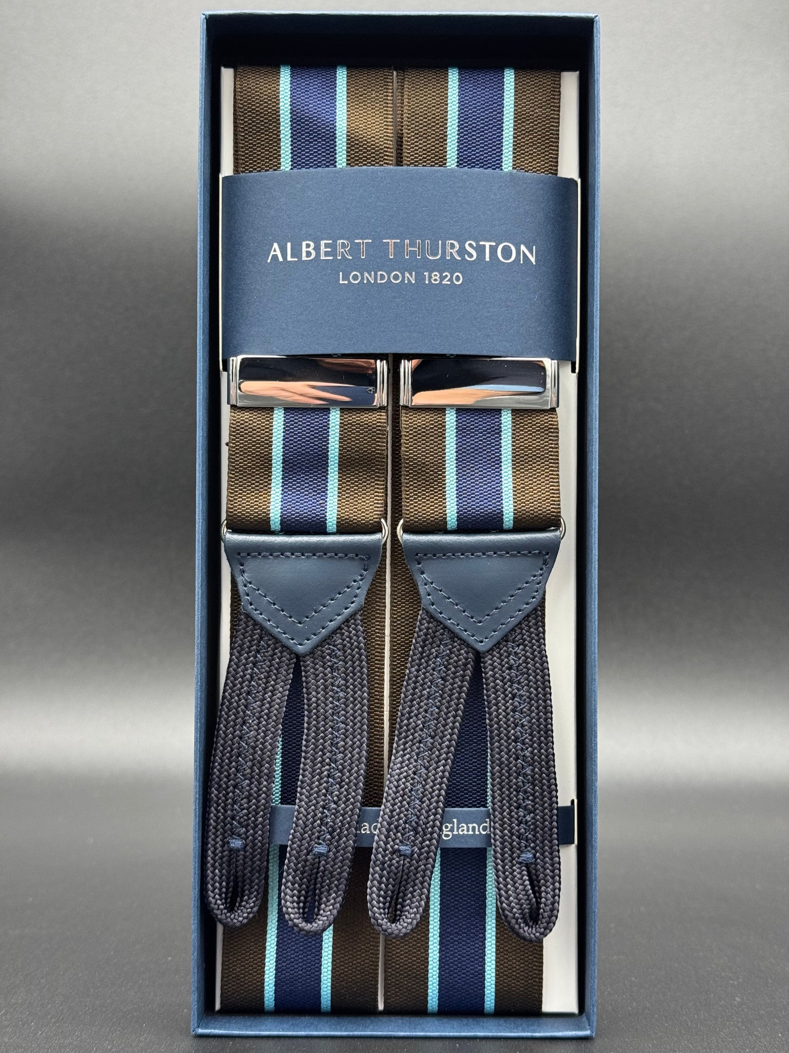 Albert Thurston bretelle Rigata Marrone e blue