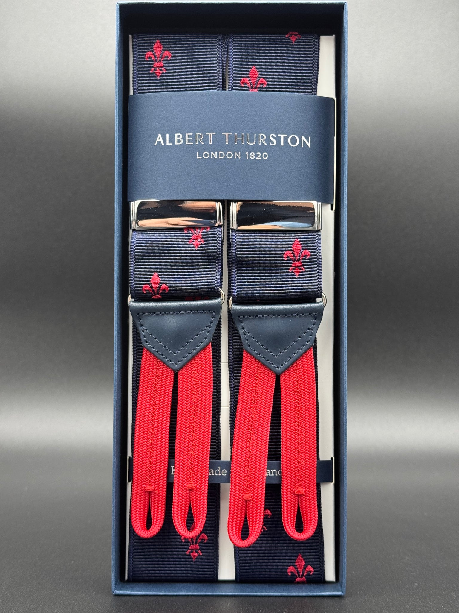 Albert Thurston bretelle Blue con giglio fiorentino rosso